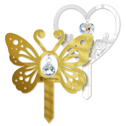 Custom Shape 1-Layer Mirror Acrylic Plant Stake with Crystal Charm